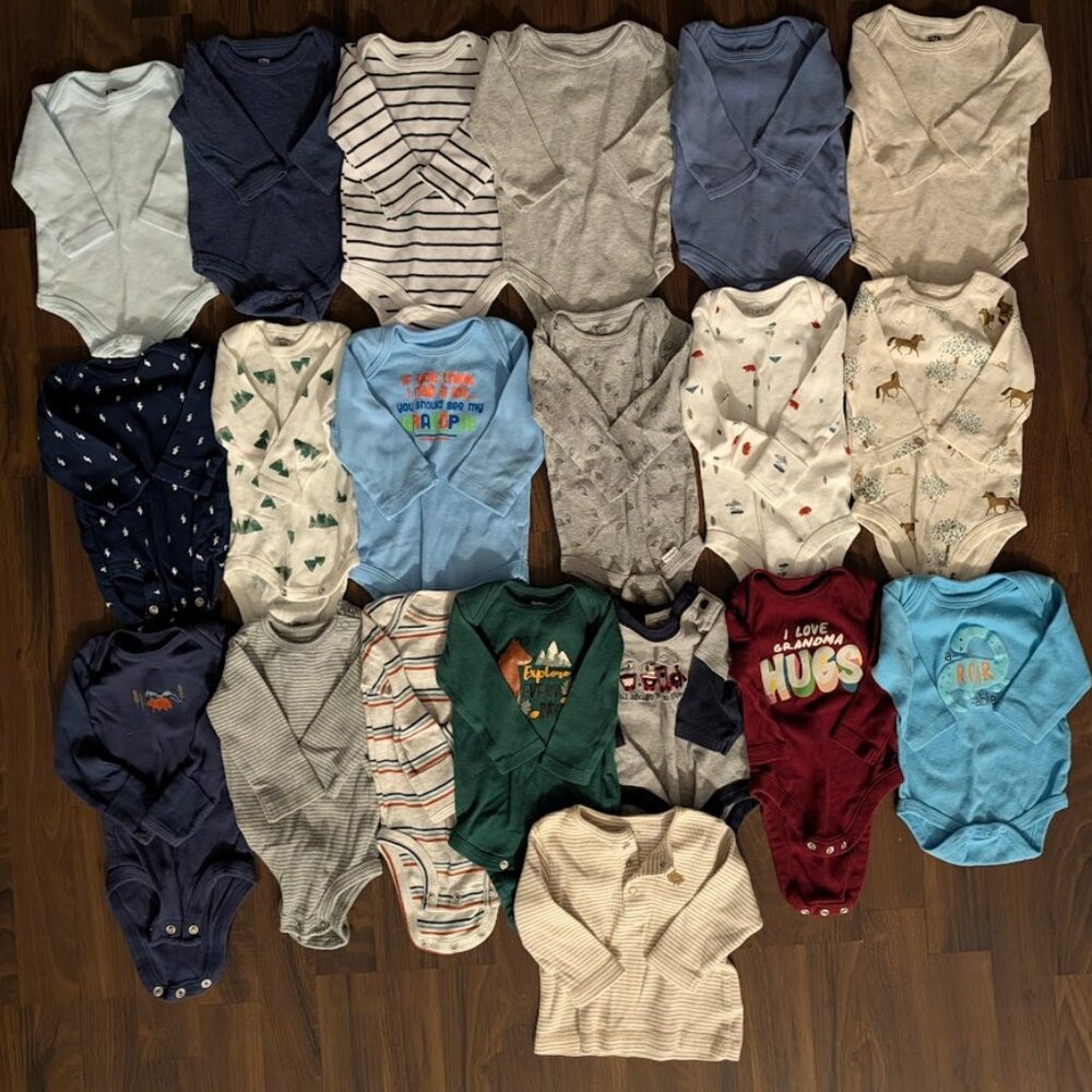 Baby Boy Long Sleeve Onesies Lot 0-3 Months (20 Items)